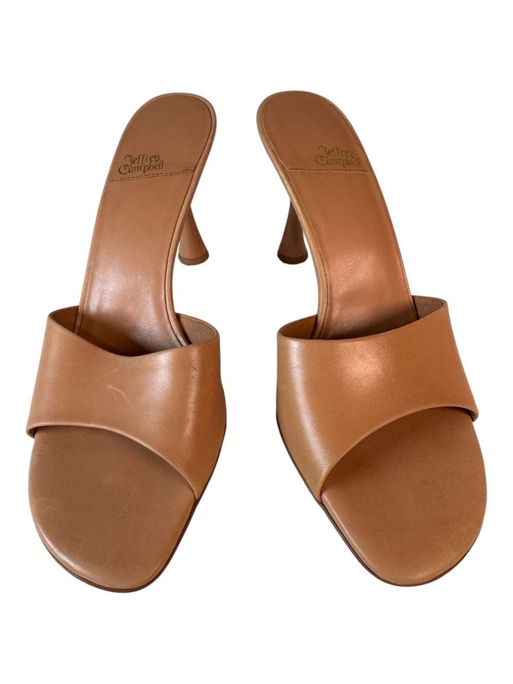 NWT Jeffrey Campbell Agent Tan Leather Single Strap Flared Heel Slide Mules SZ:9 - Picture 2 of 8